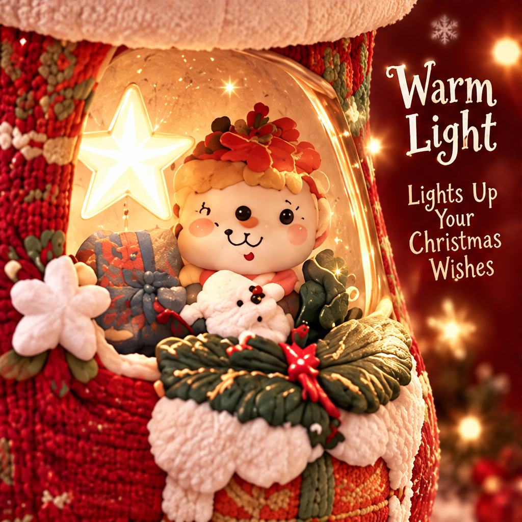 Close-up of the stocking's glowing star, smiling character, miniature gifts and leafy front decorations