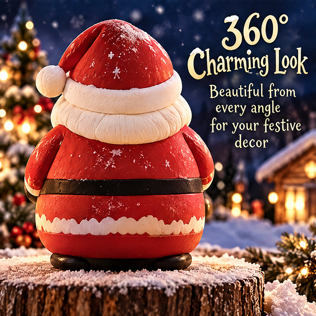 Back view of Santa Claus showing his red hat and suit, white trim and black belt