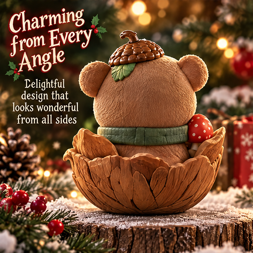 Back view of the bear with a green scarf, red spotted mushroom and layered brown leaf-shaped base
