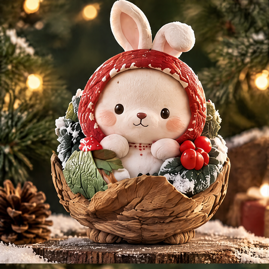 Front view of a white Christmas bunny in a red hood, nestled among green leaves and red berries in a leaf-shaped base