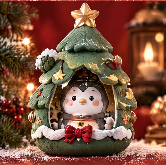 Front view of a Christmas tree decoration with a penguin inside, gold-colored star topper, red bow and snowy-looking trim