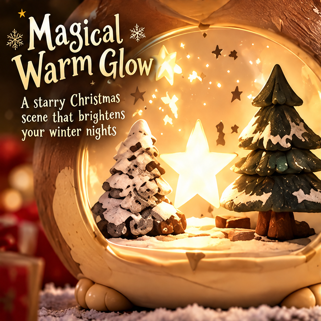 Close-up of the reindeer's glowing star and two miniature Christmas trees with snowy detailing