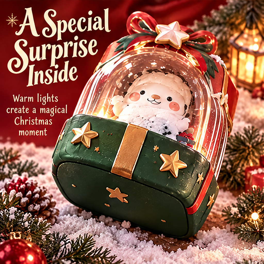 Tilted view of the Christmas gift box decoration showing warm lights around the snowman and gold-colored base details