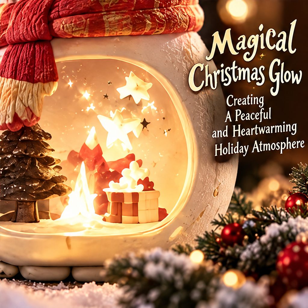 Close-up of the bear's Christmas scene with a miniature tree, gift shapes and warm glowing stars