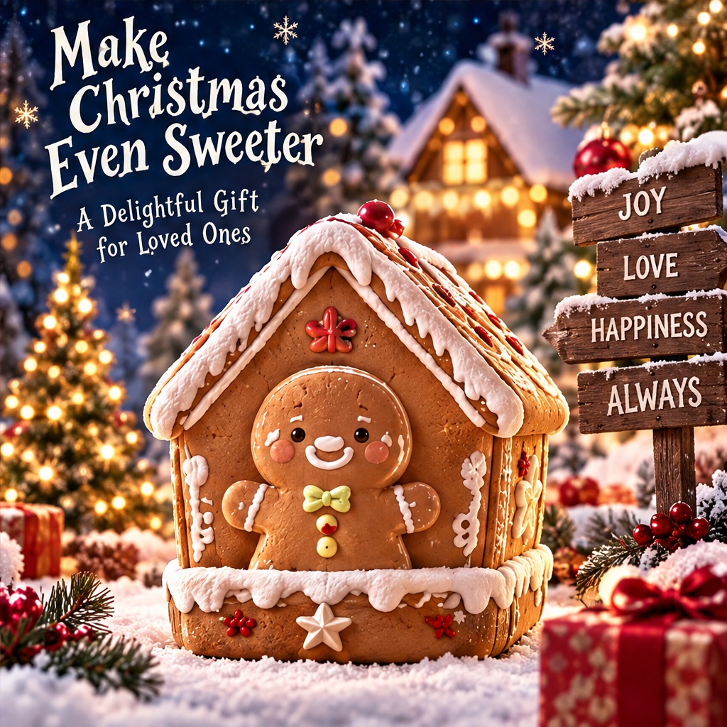 Gingerbread house keepsake box in a snowy Christmas scene with wrapped presents and holiday gifting text