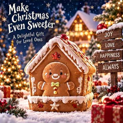 Gingerbread house keepsake box in a snowy Christmas scene with wrapped presents and holiday gifting text