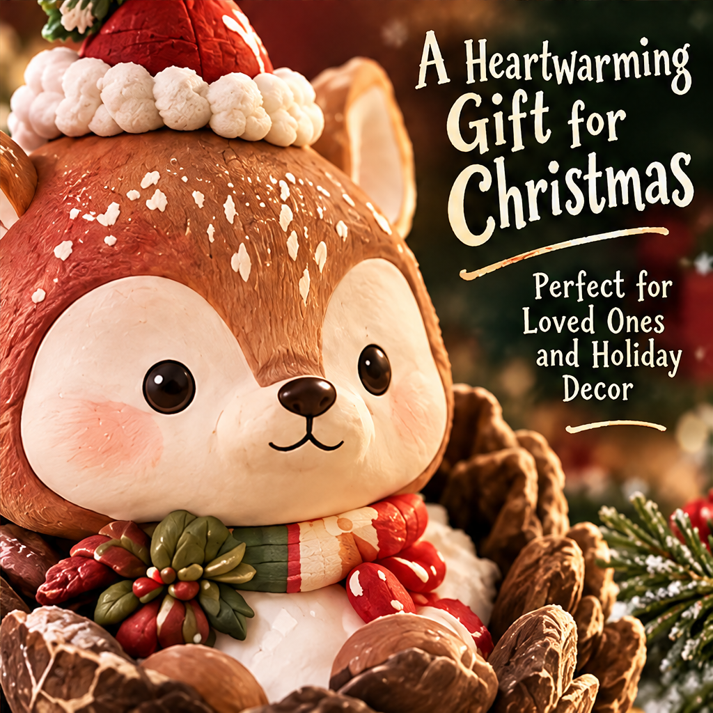 Side view of the Christmas deer showing its large ear, red hat and layered pinecone-inspired base