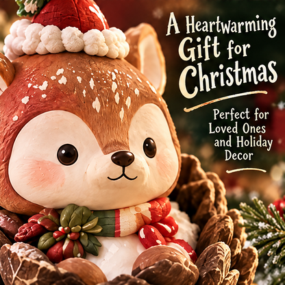 Side view of the Christmas deer showing its large ear, red hat and layered pinecone-inspired base