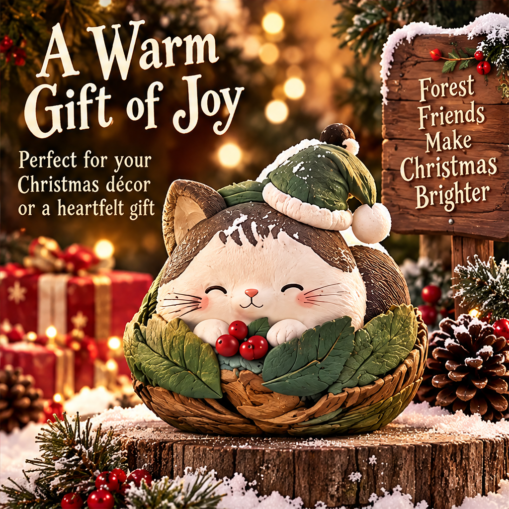 Green-hatted Christmas cat in a festive display with wrapped gifts and text suggesting holiday gifting
