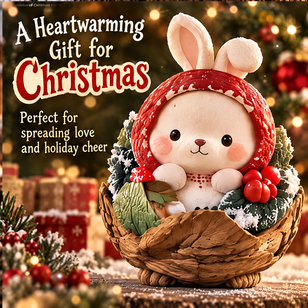 Red-hooded woodland bunny in a Christmas gift-themed display with greenery and wrapped presents