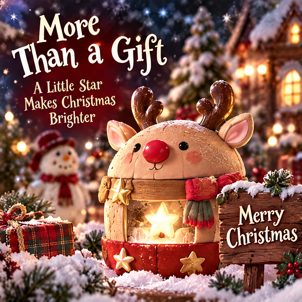 Light-up reindeer decoration displayed with wrapped gifts, greenery and Christmas gifting text