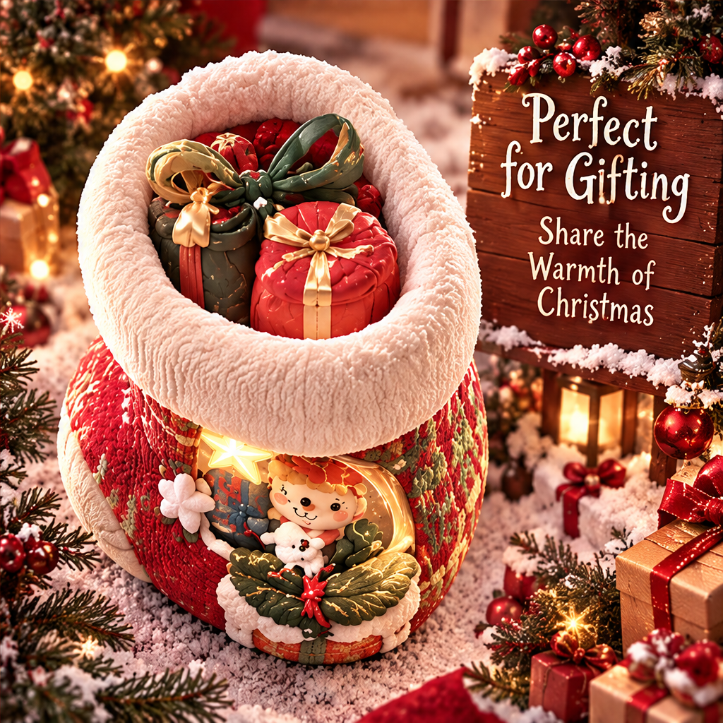 Top view of the stocking decoration showing gift-shaped details inside the cream-colored cuff