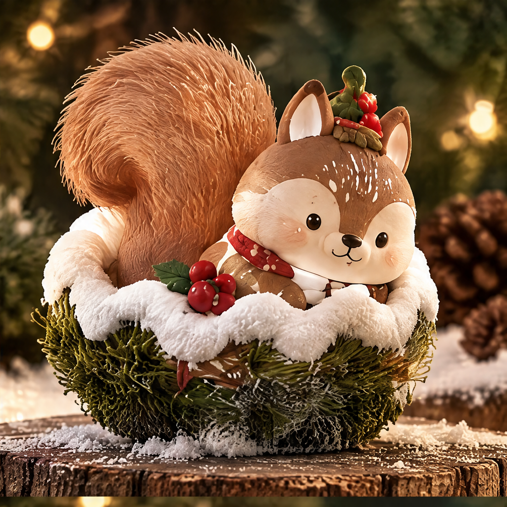 Front view of a Christmas squirrel with a curled brown tail and red scarf in a green nest-shaped base