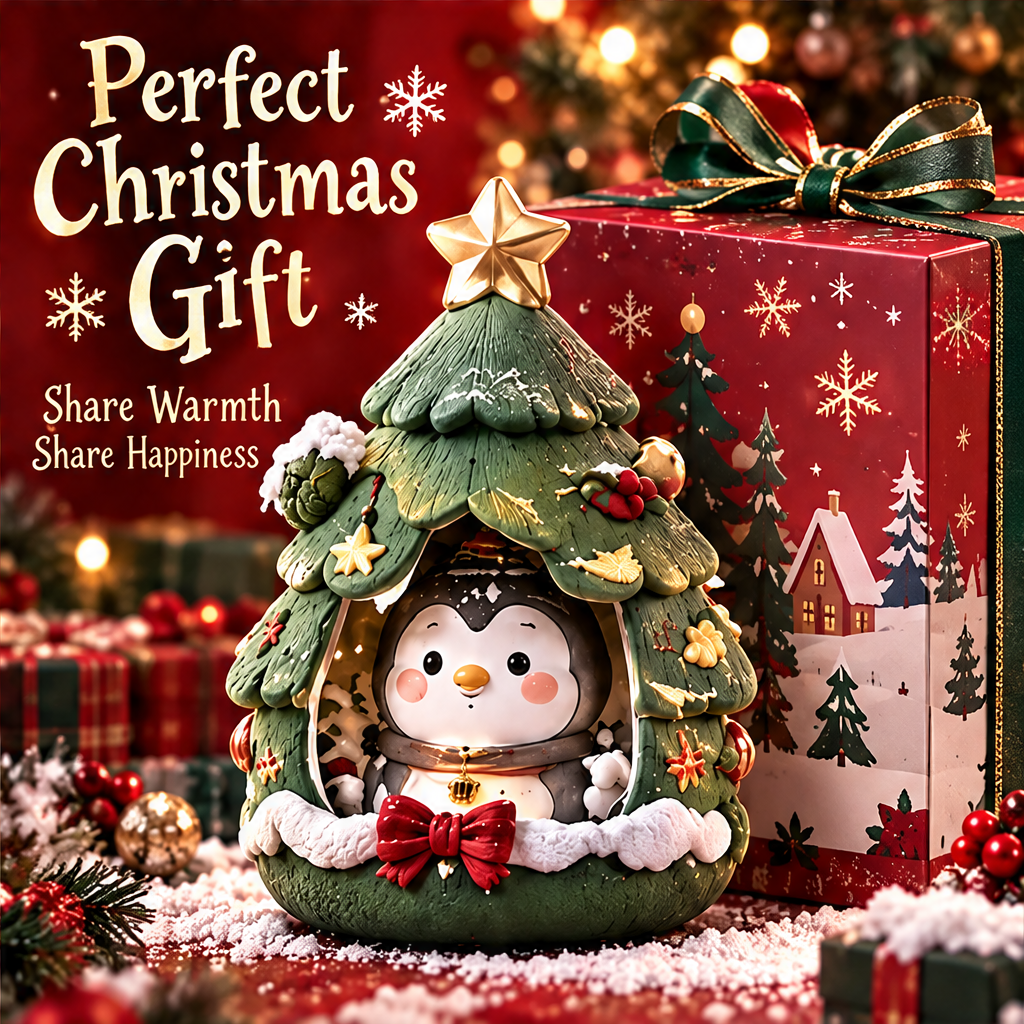 Penguin tree decoration beside a wrapped Christmas present with text suggesting holiday gifting