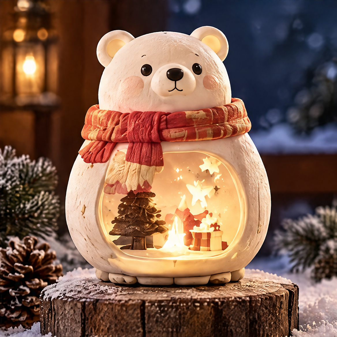 Front view of a white Christmas polar bear decoration with a red scarf and glowing miniature festive scene