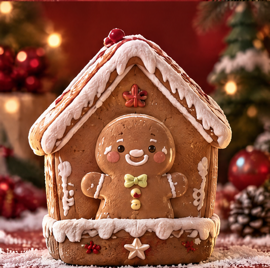 Front view of a gingerbread house decorative box with a smiling gingerbread figure and white icing-style trim