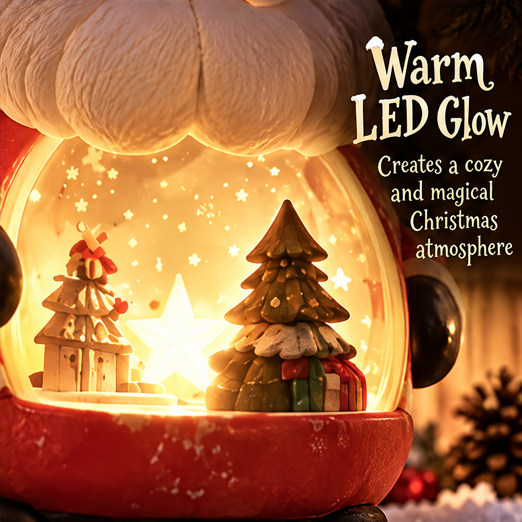 Close-up of Santa's warm LED Christmas scene with miniature trees, gift shapes and a glowing star