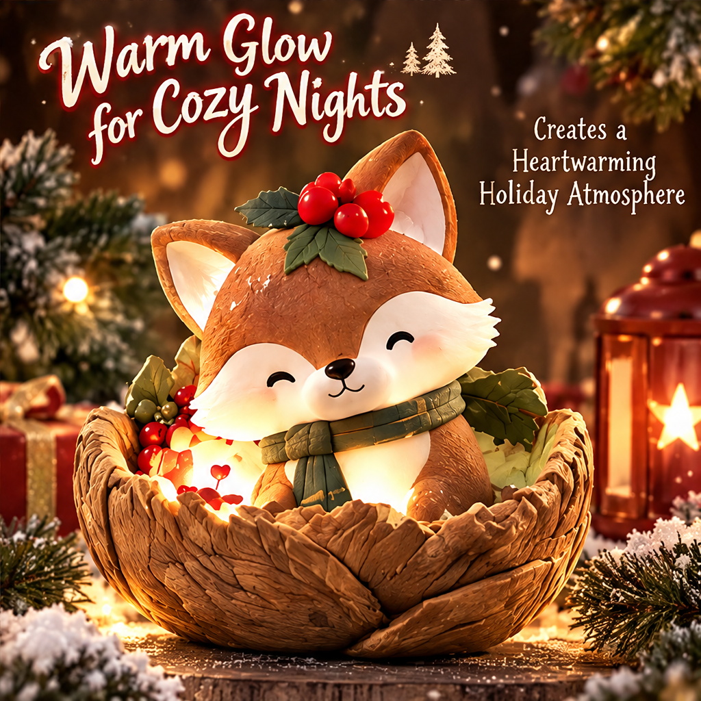 Christmas fox with a warm glow, leafy berry headpiece and text describing cozy holiday nights