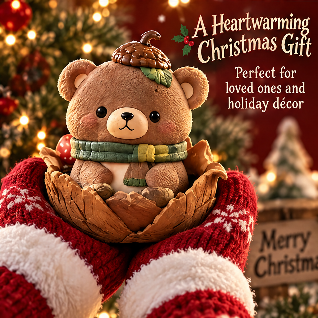Decorative woodland bear cradled in red mittens in a Christmas gift-themed scene