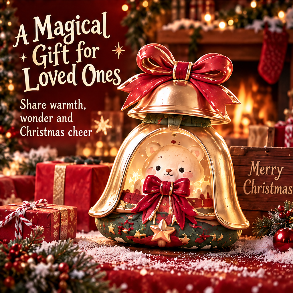 Bell-shaped bear decoration beside wrapped Christmas presents with holiday gifting text