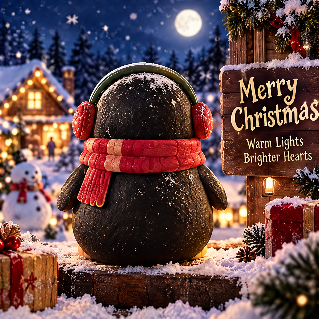 Back view of the Christmas penguin showing red earmuffs, a green headband and a red scarf
