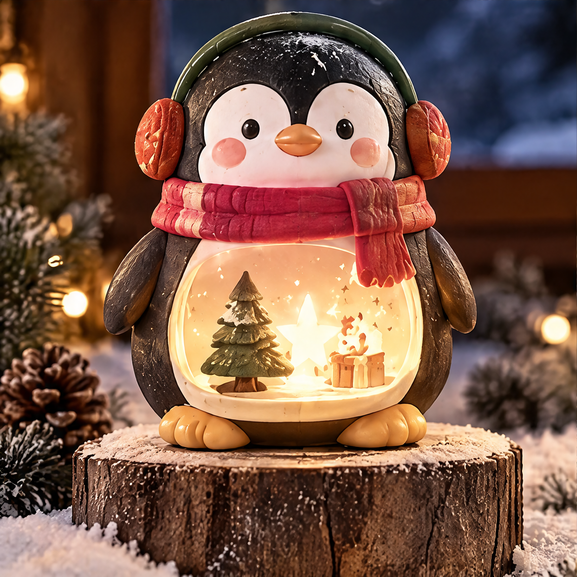 Front view of a light-up Christmas penguin with red earmuffs, a red scarf and a glowing miniature festive scene