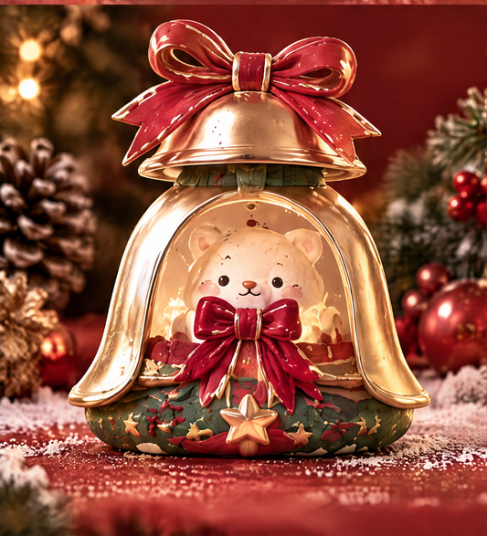 Front view of a gold-colored Christmas bell decoration with a cream bear inside, red bows and a green star-decorated base