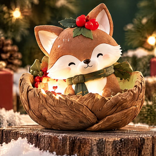 Front view of a light-up Christmas fox with a green scarf and red berries in a layered brown leaf-shaped base