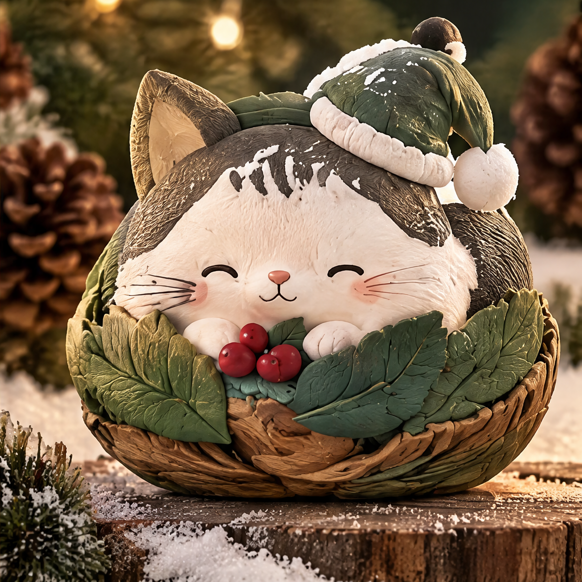 Front view of a smiling Christmas cat with a green pom-pom hat, red berries and a leafy brown nest-shaped base
