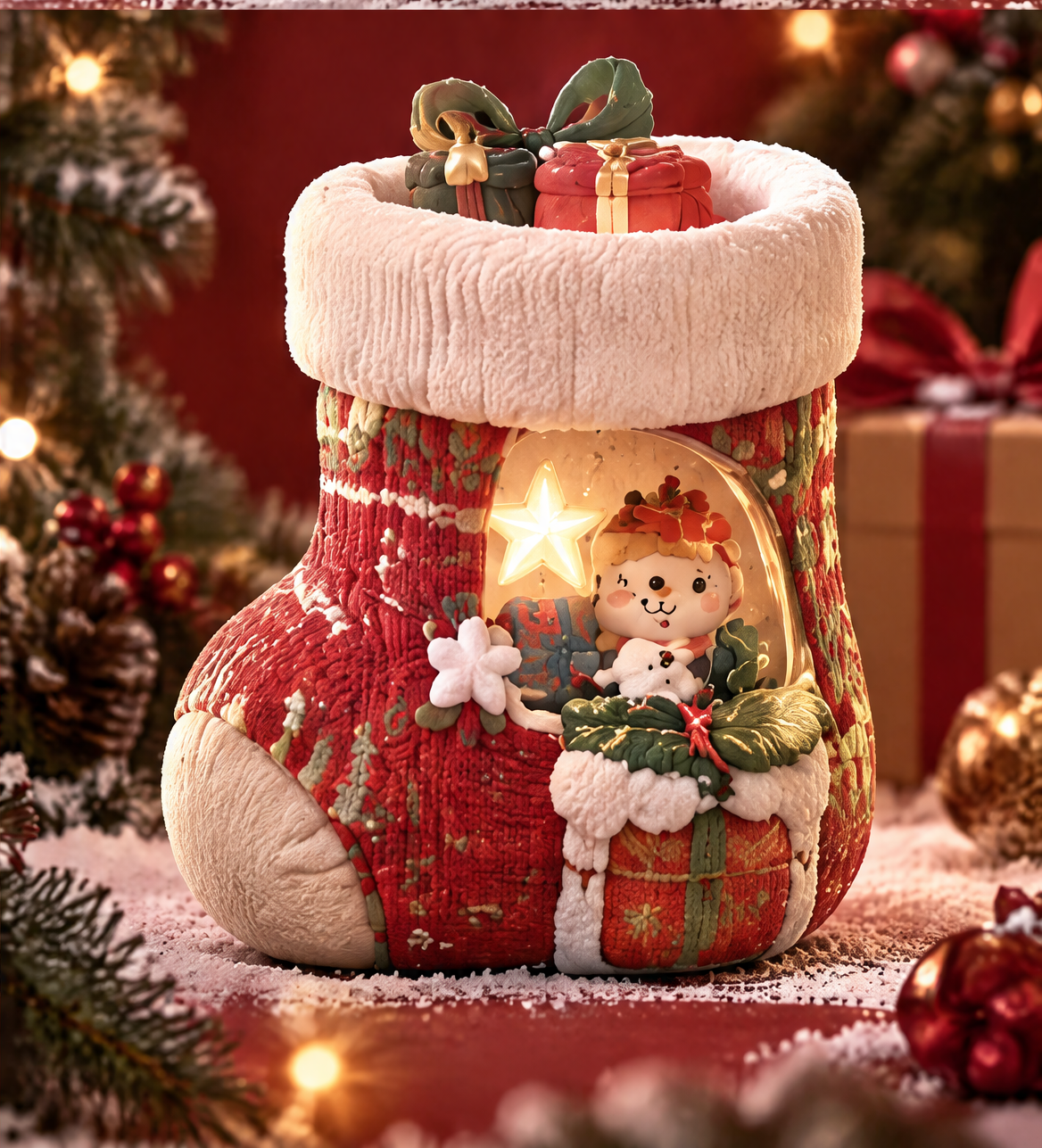 Front view of a red light-up Christmas stocking decoration with a cream cuff, glowing star and cheerful miniature scene